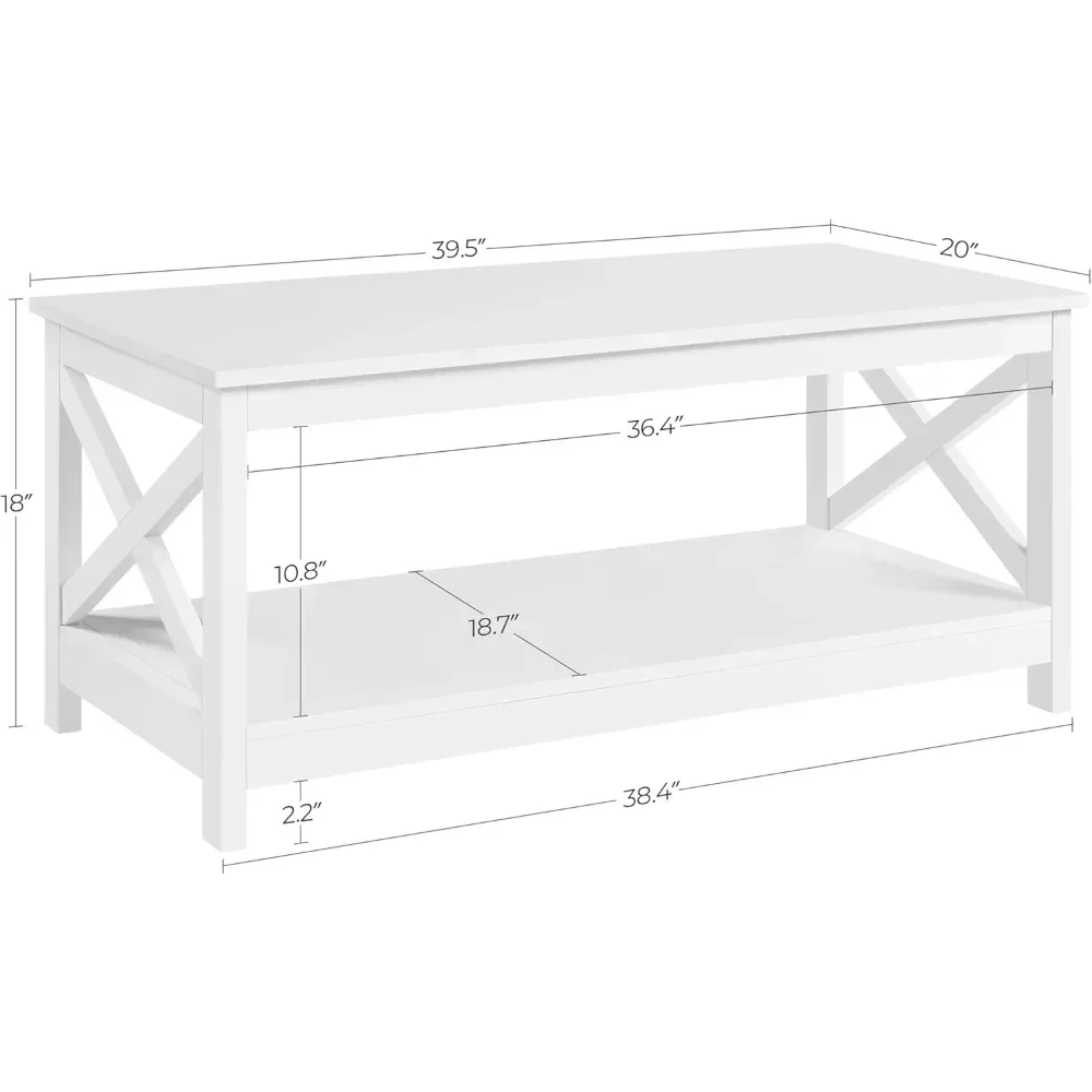 Wood 2-Tier White Coffee Table with Storage Shelf for Living Room, X Design Accent Cocktail Table, Simple Design Home Furniture