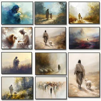 Jesus with Lost Sheep Canvas Painting Wall Art, Jesus Leaves The 99 Poster Print Christian for Living Room Religion Home Decor 1