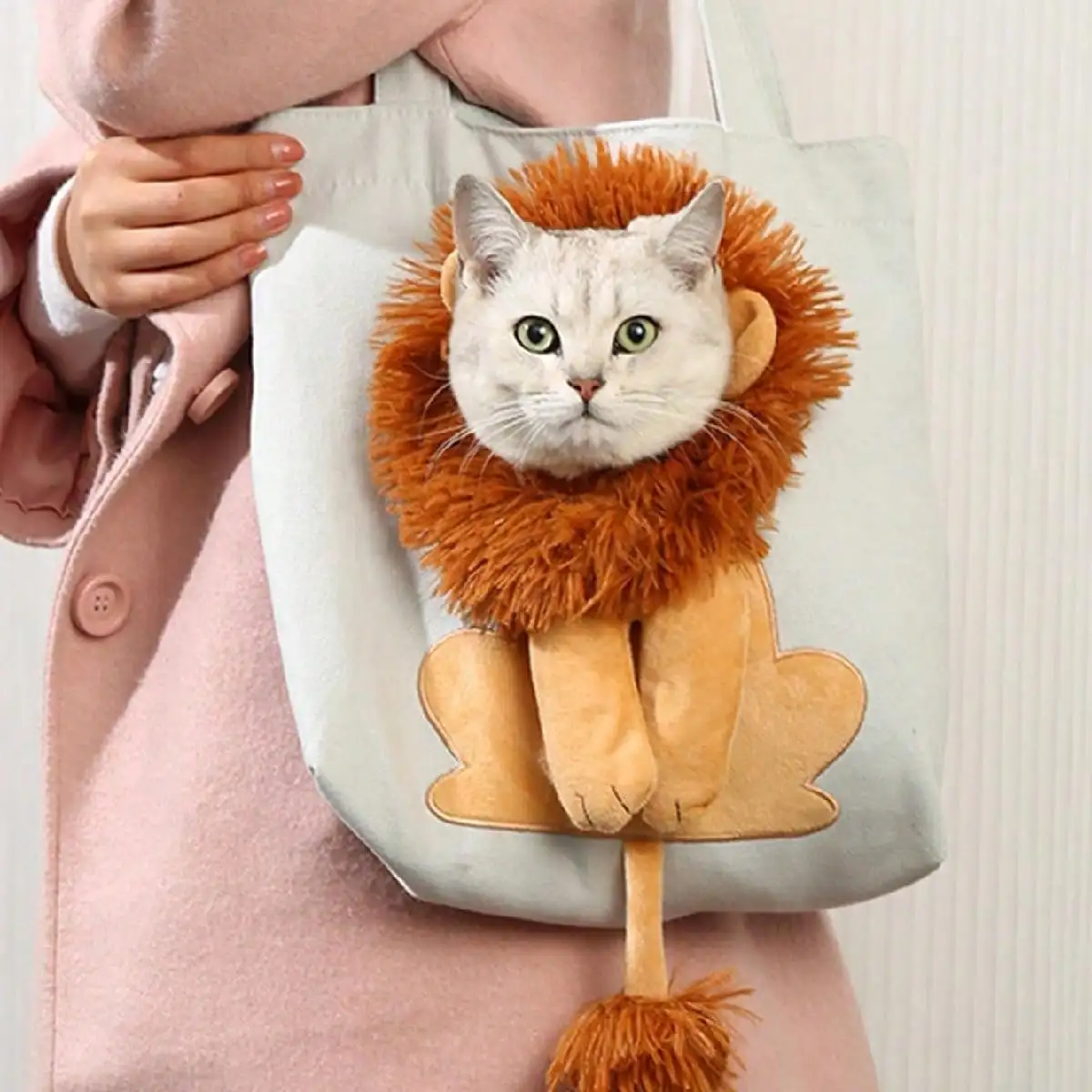 thumbnail image 1 of Bolso de lona para mascotas, bandolera con forma de león, bonito bolso de transporte portátil para gatos, bolso de pecho para gatos, bolso de mano para exteriores, 1 of 4
