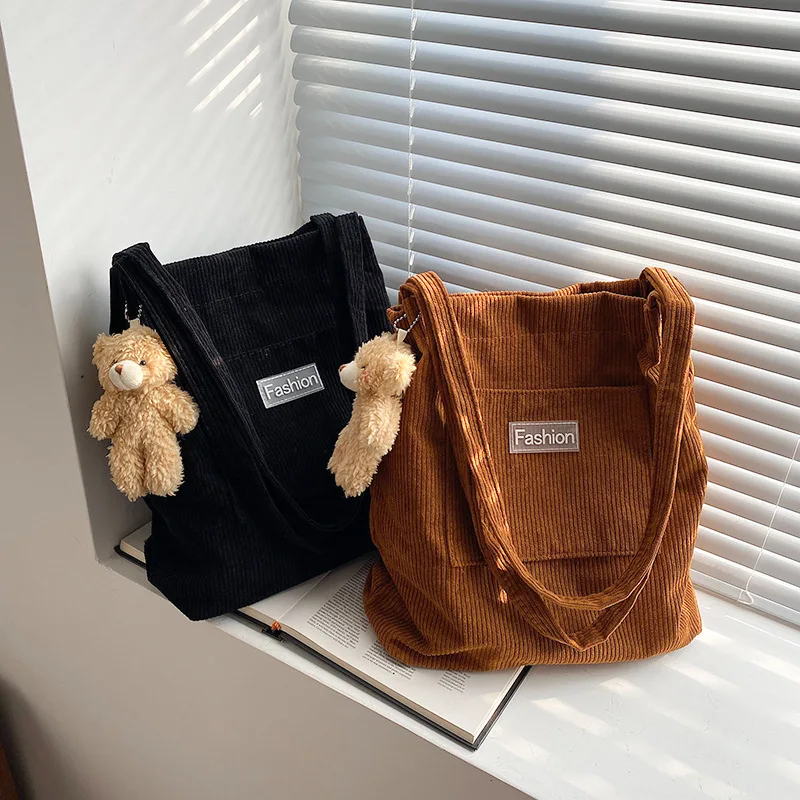 

Corduroy Canvas Shoulder Bag 2023 New Autumn Japanese Simple Hand Bags for Women Student Class Bag Multi Pocket The Tote Bag