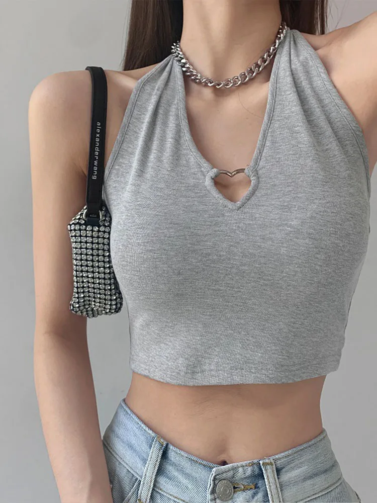 Women V Neck Hearted Hollow Out Halter Camis Tank Tops 2025 Summer Fashion Slim Cropped Lace Up Camisole