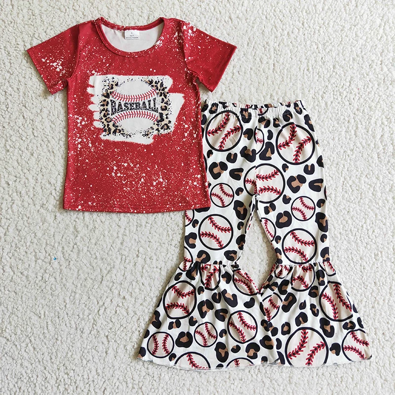

Wholesale Baby Girl Red Short Sleeve Shirt Baseball Leopard Bell Pants Outfit Kid Game Day Fall New Set Toddler Ball New Clothes