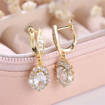 White Zircon Oval Stone Flower Pendant Hoop Earrings For Women Vintage Gold Color Ear Buckle Wedding Jewelry Engagement Gifts