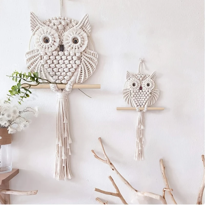 Gufo arazzo gufo tessuto a mano acchiappasogni appeso a parete Macrame Mandala nappa Boho Decor fai da te appartamento dormitorio decorazione della casa