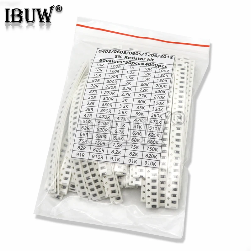 Smd Resistor 200PCS 660PCS 720PCS 4000PCS 0402 0603 0805 1206 1210 2512 SMD Resistor Kit igmopnrq Assorted Kit 10K 100K 1K 1R 100R 220R 1% 5%