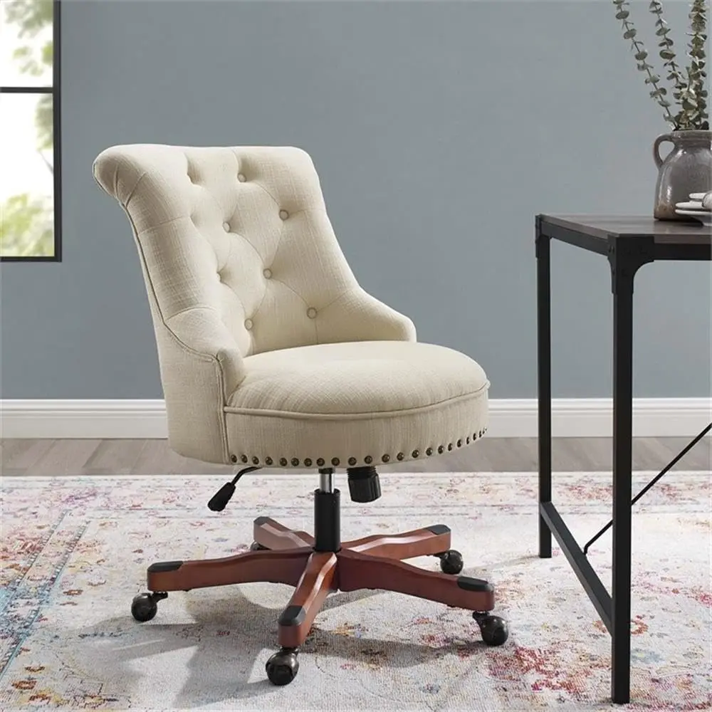 Sinclair Beige Upholstered Adjustable Office Chair in Cherry Wood Base 2