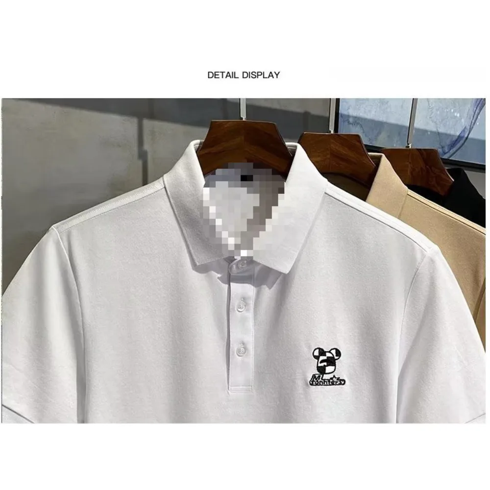 2024 Summer Thin Pearl Mesh Bear Embroidered Back Letter Print Slim Fit Elastic Polo Short Sleeves_voghion.com