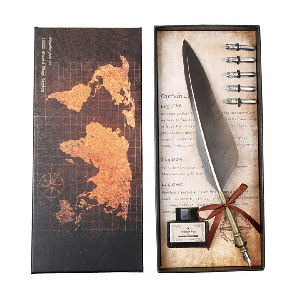 Vintage Calligraphy Feather Dip Pen Set with Ink - Creative Retro Writing Stationery