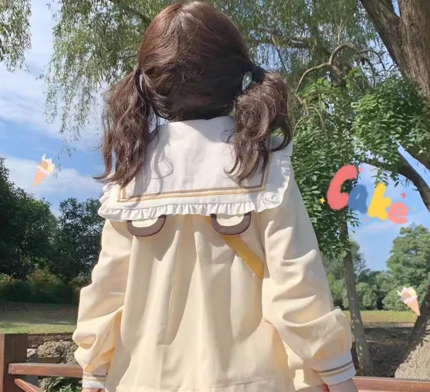 2024 Spring Summer Japanese JK Uniform Sailor Outfit Sweet Cute Student Yellow Short Sleeves Top White Skirt Cartoon 2 Piece Set