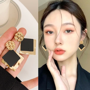 925 Silver Needle Korean Fashion Square Drop Earrings For Women Metal Earing Jewelry 2025 Trending New Black Gold Color Earrings