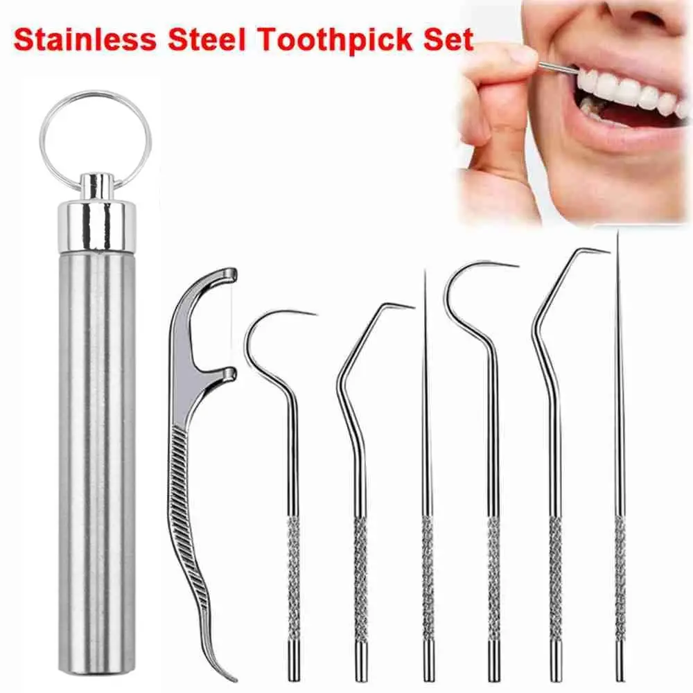 

Care Storage Box Oral Cleaning Tool Tooth Flosser Stainless Steel Toothpick Set Tooth Pick Toothpick Pocket Set Keychain Holder