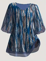 Plus Size Women Chiffon T Shirt V-Neck Half Sleeve Summer Loose Casual Vintage Printing Elegant Office Lady Tee Top for Female