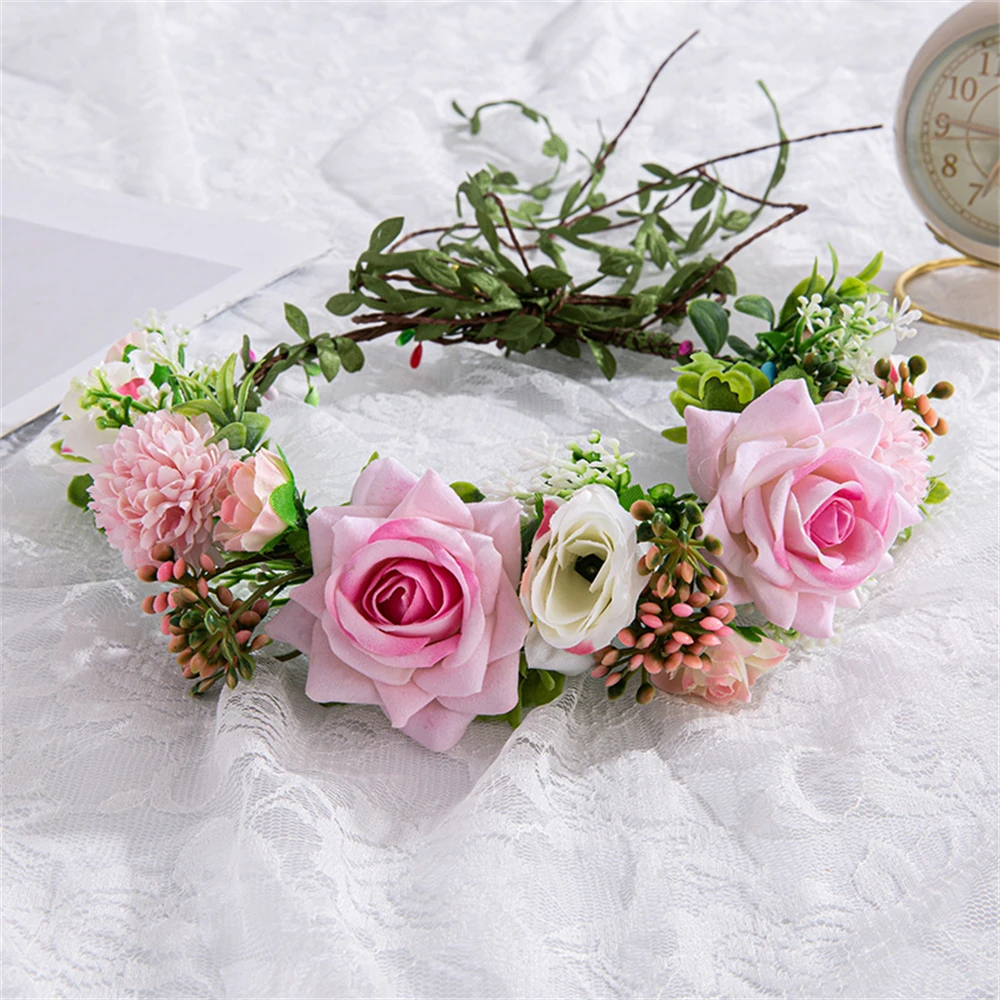 

Fashion Sweet Princess Flower Hair Wreath Boho Rose Floral Garlands Women Simulation Flower Hairband Photography Accessories