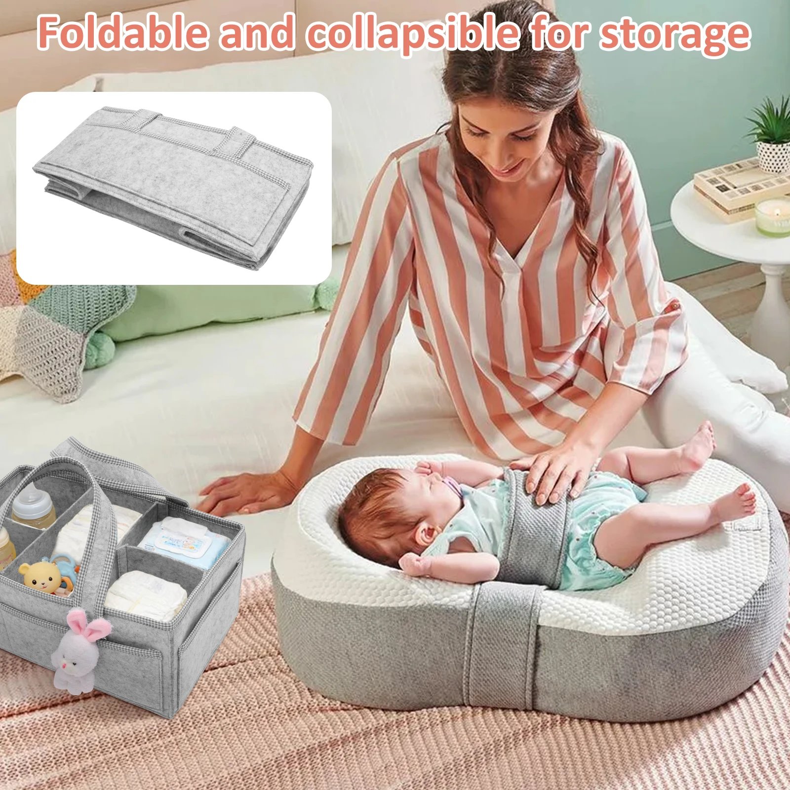 Baby Diaper Caddy Felt Baby Diaper Organizer with 5 Compartments Portable Nursery Storage Basket Nappy Diaper Changing Organizer