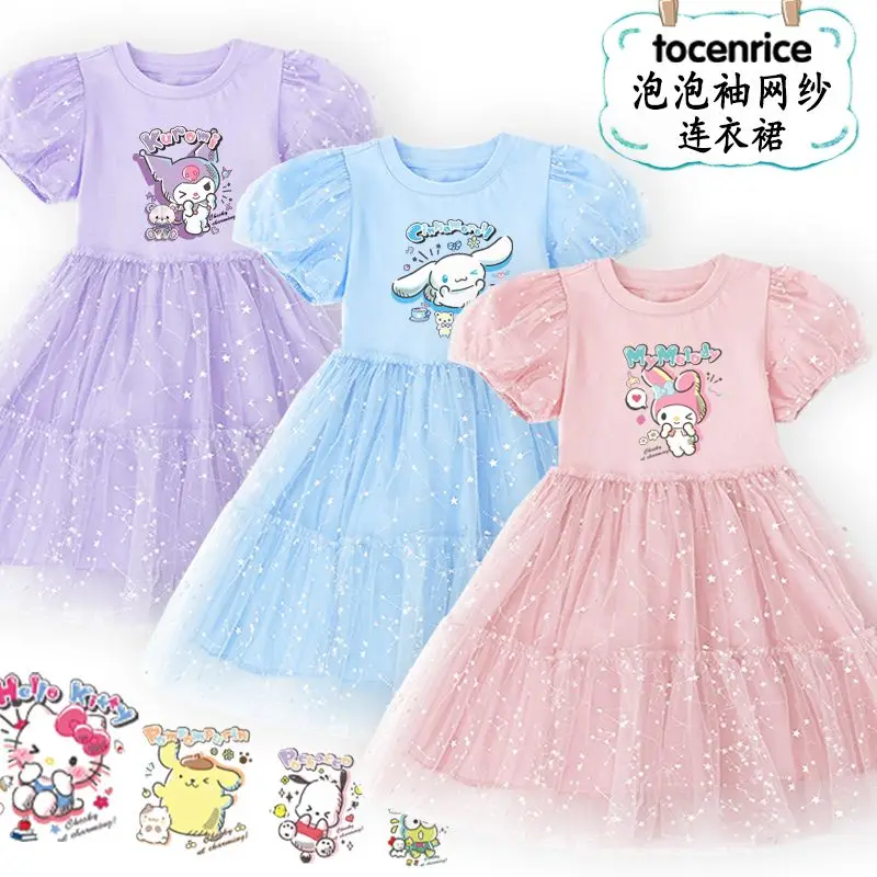 

Hello Kitty My Melody Anime Kawaii Sanrio Short Sleeve Dress Cute Cartoon Cinnamoroll Kuromi Summer Princess Skirt Kids Gifts