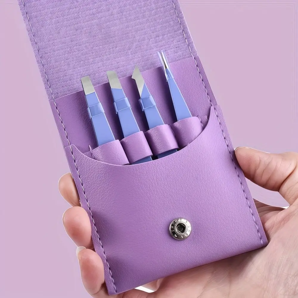 4Pcs/Set Stainless Steel Eyebrow Tweezers Set Oblique Mouth With Storage Bag Beard Tweezers Pointed Tip Eyebrow Tweezers