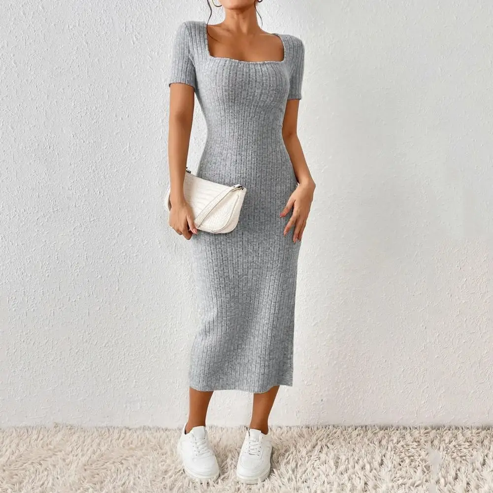 

Knitted Slit Dress Women Summer Dress Square Neck Split Hem Elastic Skinny Summer Dresses For Women Lady Party Midi Dress