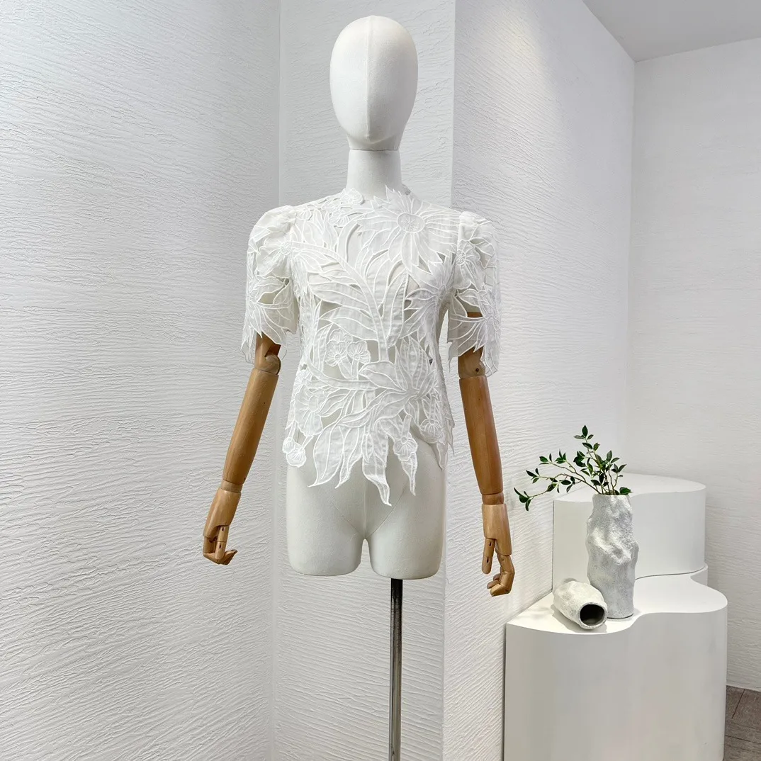 White Ramie Embroidery Floral Short Sleeve Cut Out Blouse Tops Elegant Fashion Women 2024 Spring Summer High Quality Clothing