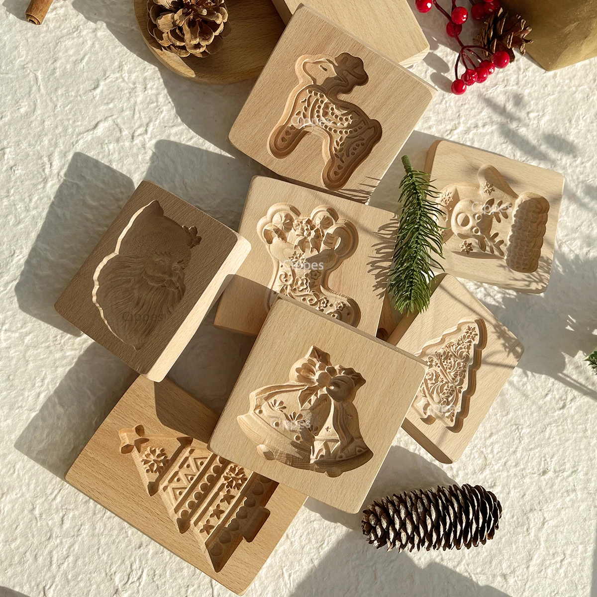 1PC Christmas Wooden Cookie Mold, Animals Patterns, 3D Carved