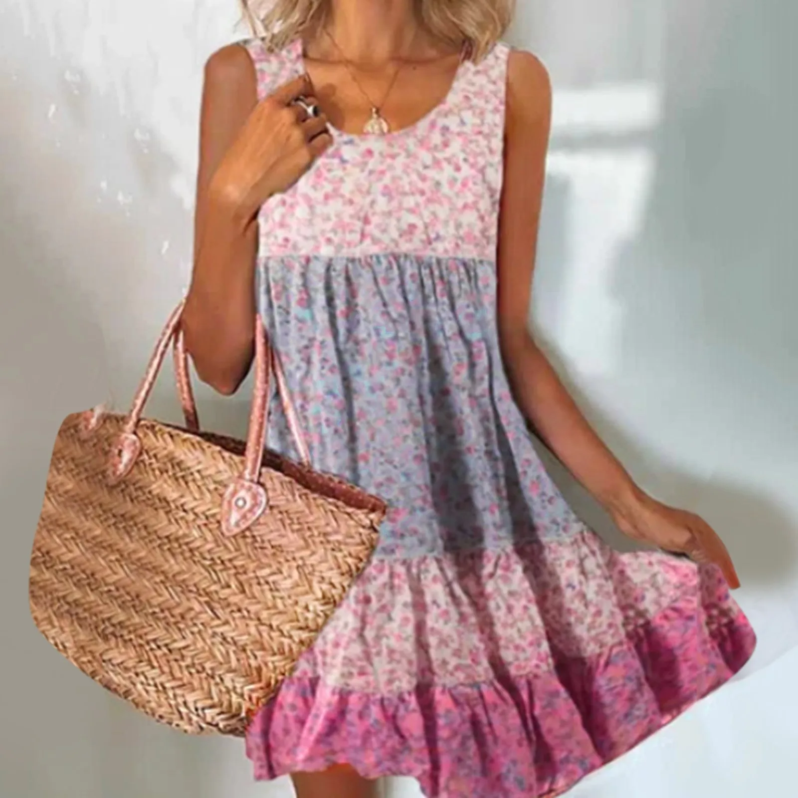 

Floral Boho Sundress For Women Oversized Sleeveless Loose Round Neck Tank Beach Swing Fashion Slim Cotton Linen Dresses