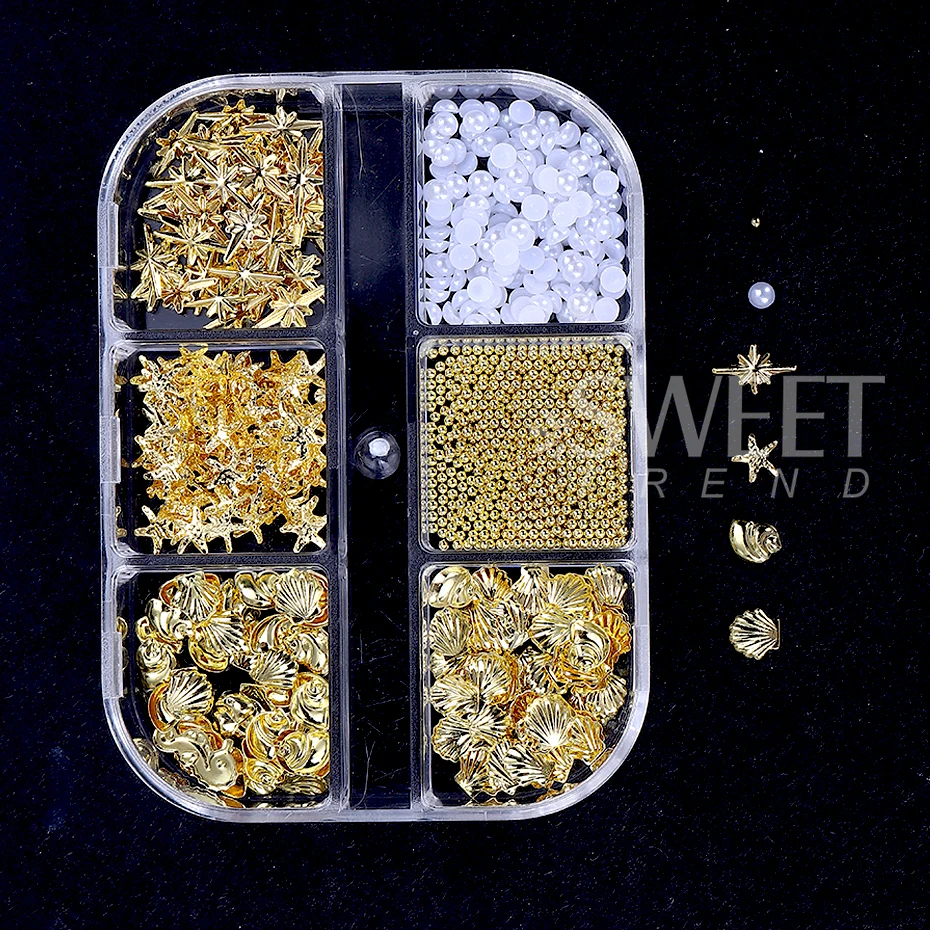 6Grids Ocean Theme Gold Nail Art Charms Shell/Starfish Pearl Metal Gems 3D Mixed Nail Art Decoration Manicure Jewelry Accessory