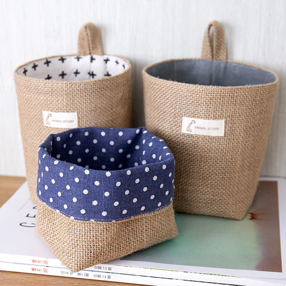 Storage Basket Nordic Style Small Hanging Wall Pocket Sundries Organizer Cosmetic Organizer Cotton Linen Toy Storage Bag