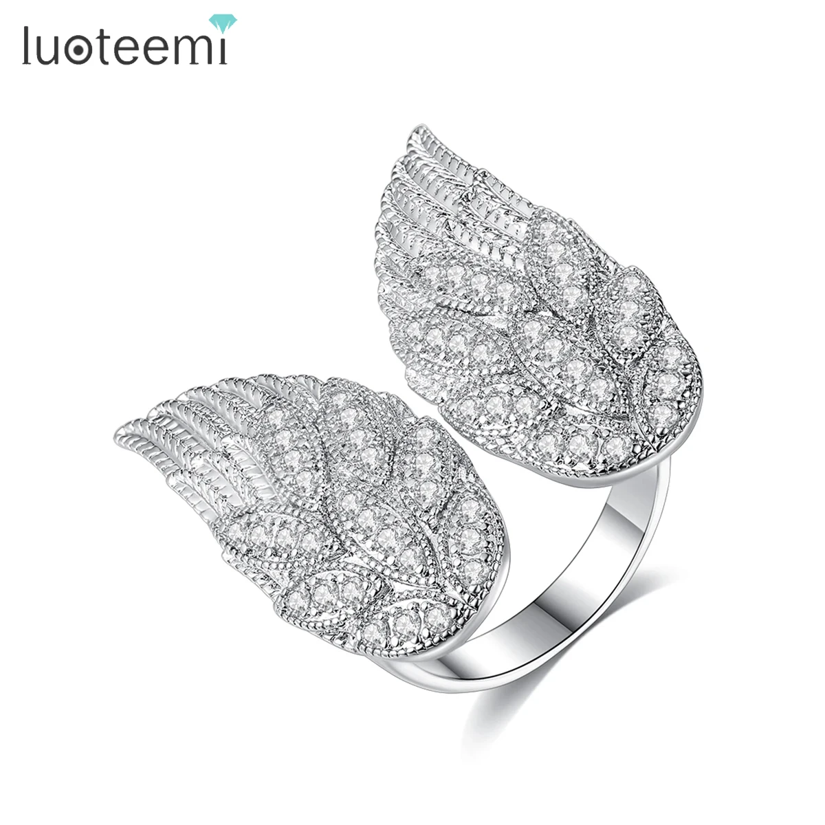 

LUOTEEMI CZ Fashion Wing-Shaped CZ Adjustable Open Ring for Women Girl Party Dating Shiny Zirconia Feather Friend Christmas Gift