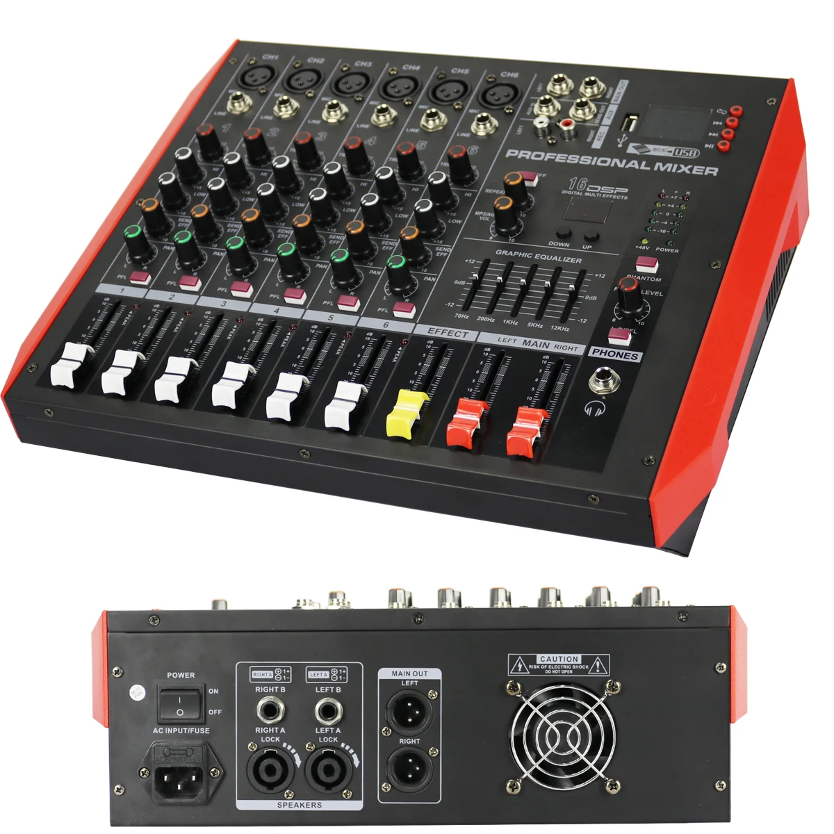 

MiCWL 6 Channel Mixer 1000W Power Amplifier Preamps DJ Mixing Console DSP USB 48V Phantom Bluetooth Red Sound Mixer 110V or 220V