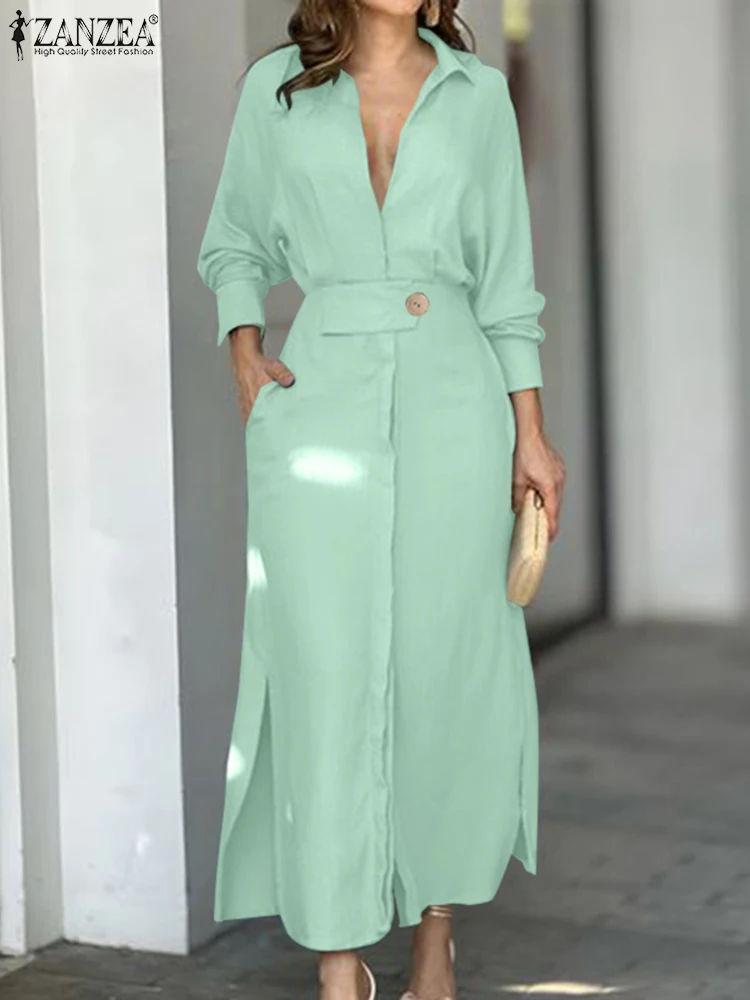 

ZANZEA Fashion Solid Color Dresses Woman Long Sleeve Lapel Neck Dress Elegant Split Hem Vestidos Vintage Party Sundress Oversize