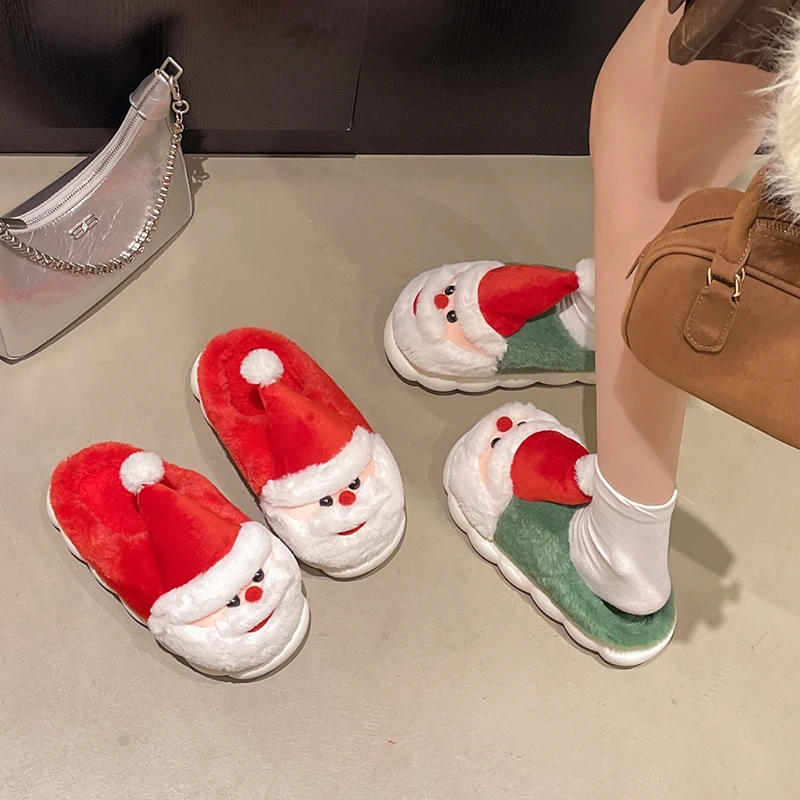 Thick Sole Fluffy Christmas Slippers Women Autumn Winter Thicken Plush Warm Cotton Slippers Woman Anti Slip Home Plush Slides