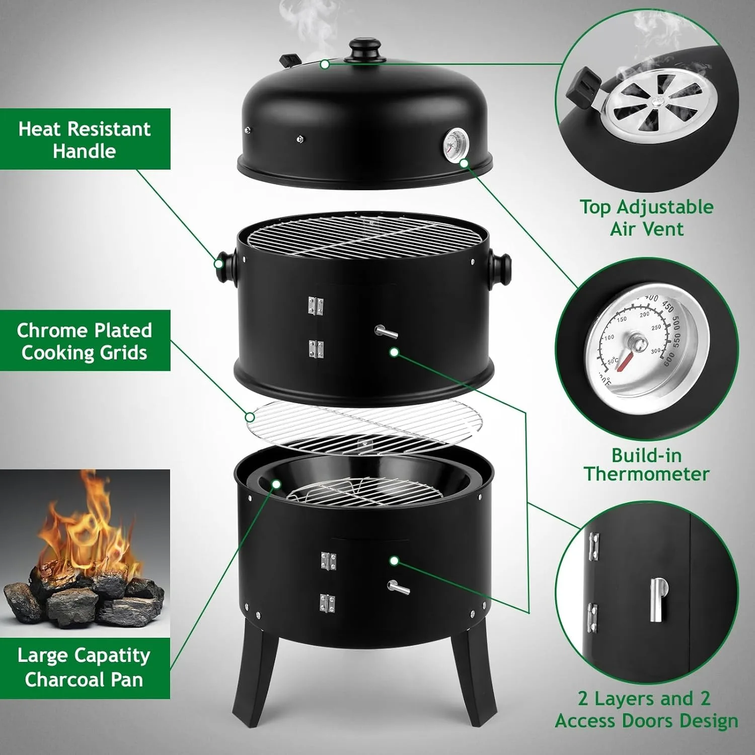 Vertical 17 Inch Charcoal BBQ Smoker 2