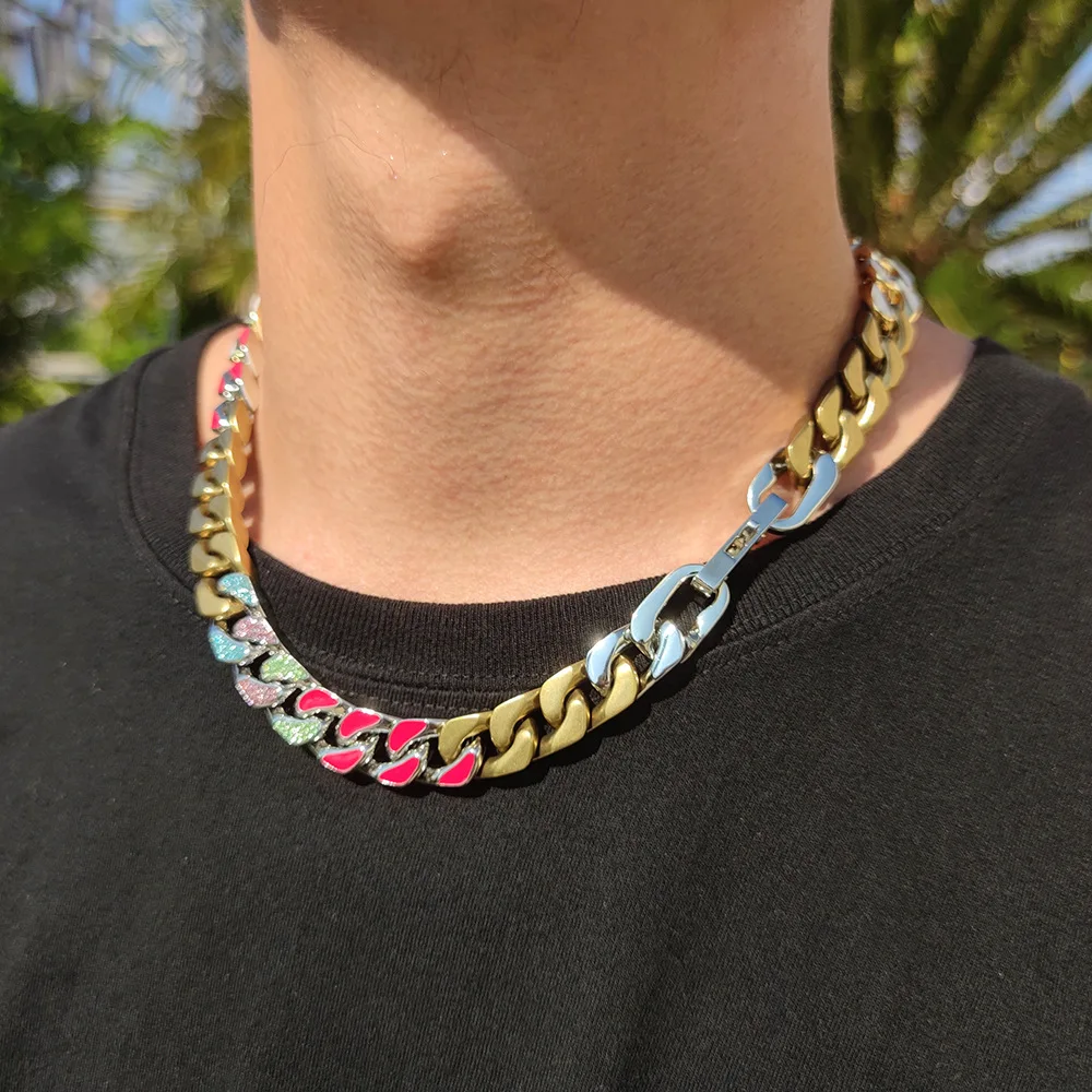 ULJ Miami 12.3mm Colorful Cuban Chain Iced out Necklace For Men