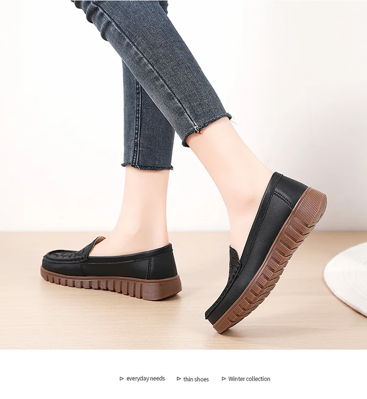 أحذية WOIZGIC النسائية للأمهات من الجلد الطبيعي أحذية بدون كعب ناعمة للربيع والخريف بدون كعب