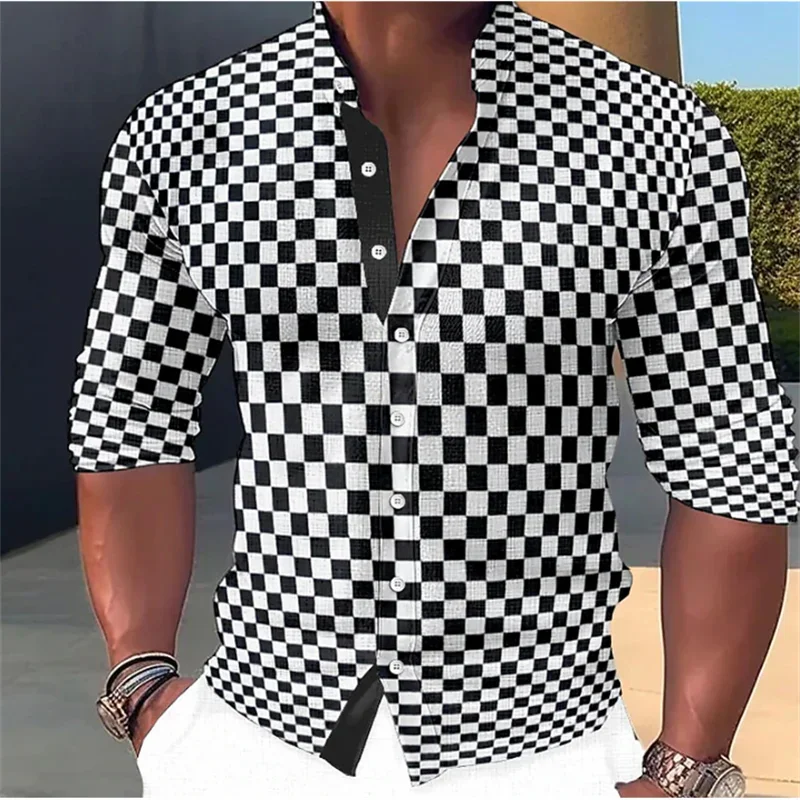 

Мужская рубашка с длинным рукавом, черно-белая рубашка в клетку, с воротником-стойкой, с геометрическим узором, в спортивном стиле, 2023