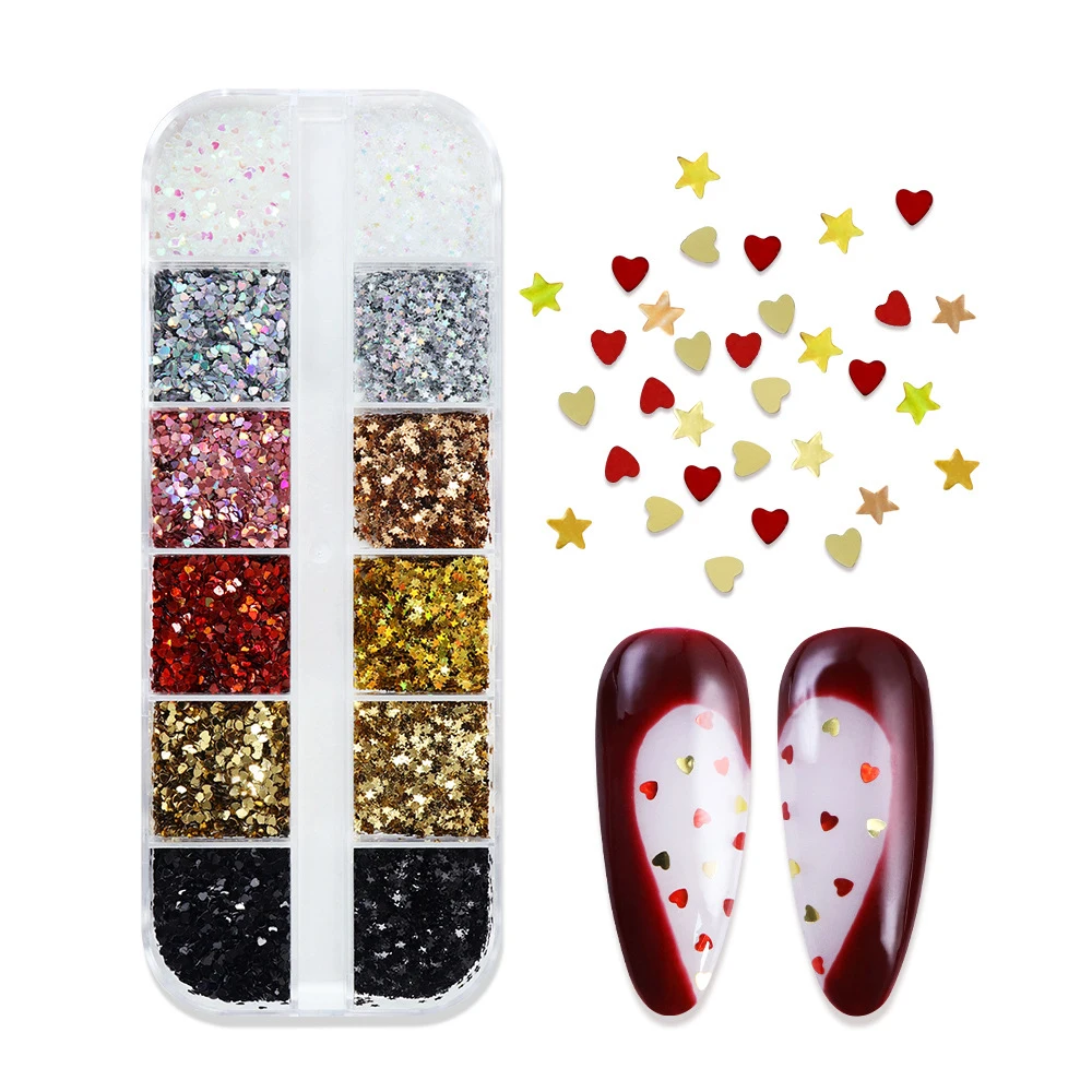 3D Mini Heart/Star Nail Glitter Sequins 12Grids 1mm Holographic Love Pentagram Flakes Nail Art Decorations
