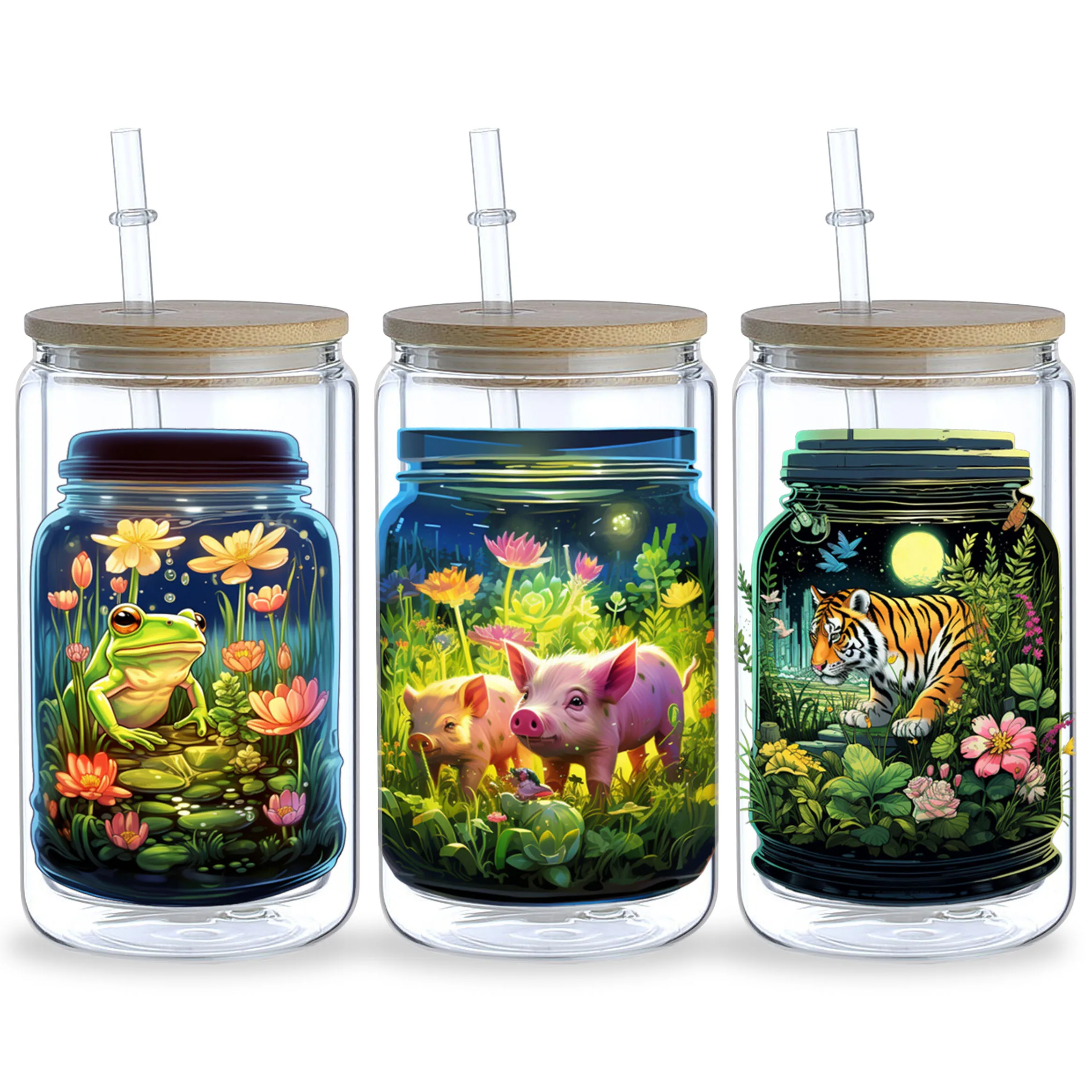 5 Sheets Animals in Bottle UV DTF Cup Stickers 16 oz, DTF Friction Transfer Stickers, Waterproof Funny Animal Stickers for DIY,