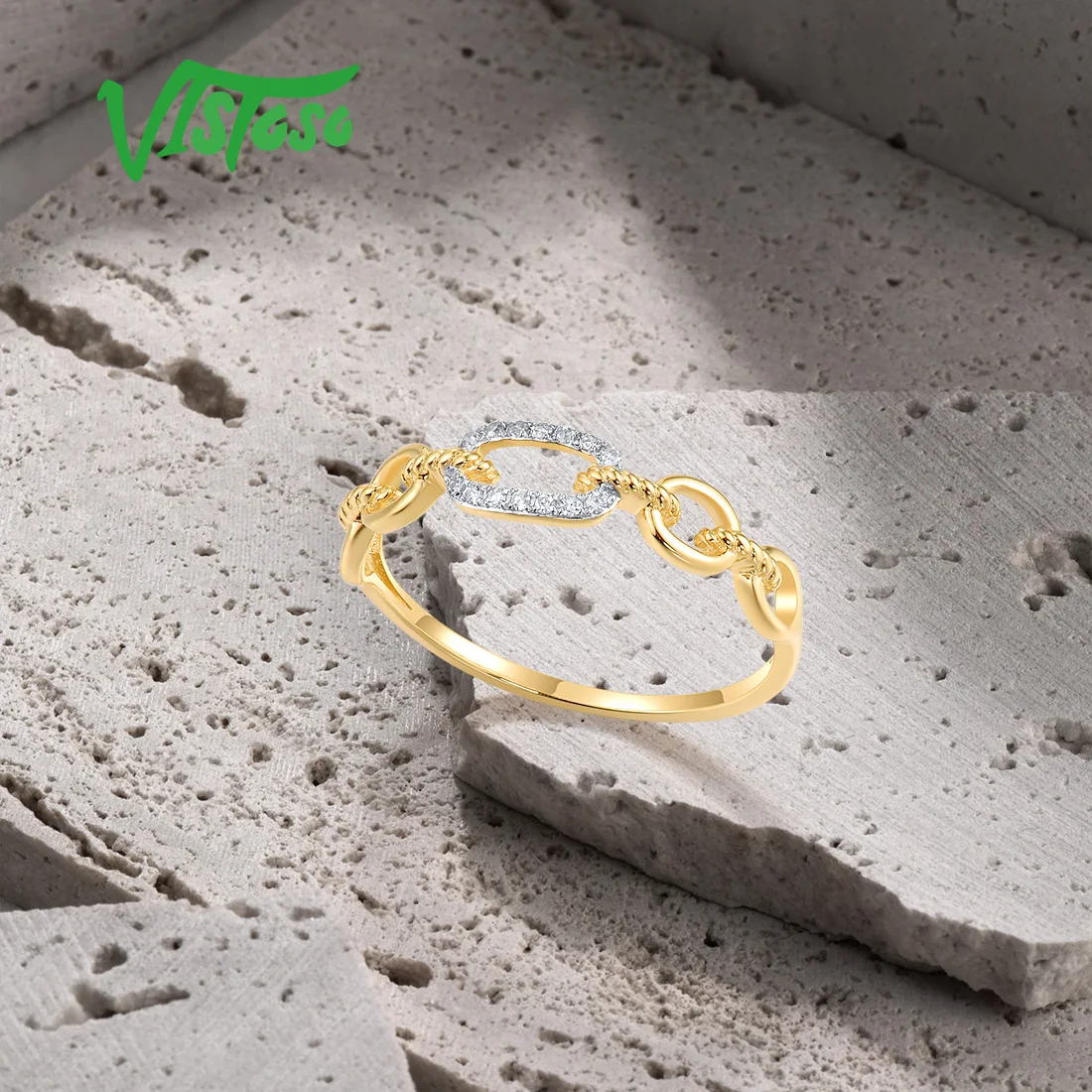 VISTOSO Pure 14K 585 Yellow Gold Ring For Women Sparkling Diamond Chain Link Stackable Concise Wedding Gift Chic Fine Jewelry 4