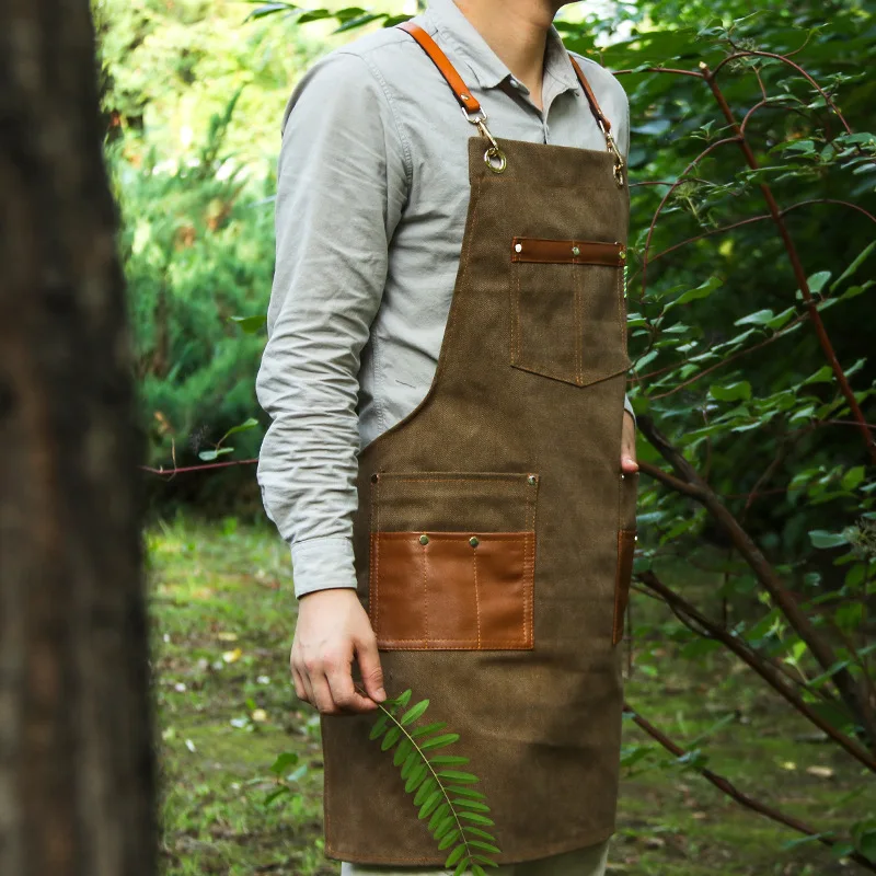 Apron Denim PU Leather Panel Contrast Multi Pocket Work Suit Barber Bakery Western Meal Waiter