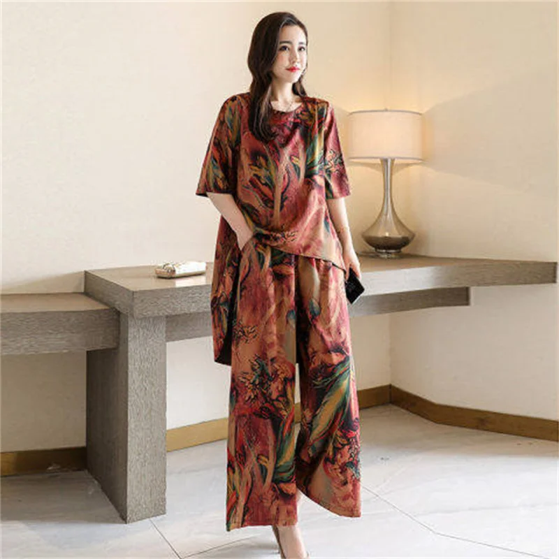 2023 Summer New Women's Plus Size Loose Set Retro Printed Student Two-piece Fashionable Wide Leg Pants Women's Fashion
