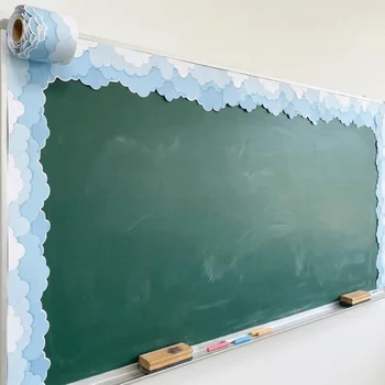 Bordo Adesivo in Carta Patinata Nera con Motivo a Nuvole, 4 Colori Solidi, Rimovibile, 10 m, per Decorazione Aula