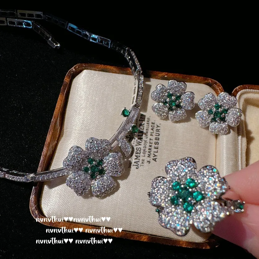Temperament Sparkling Green Flower Petal Wedding Brdidal 925 Silver Jewelry Sets for Women Elegant Luxury Accessories Gift jewelry set silver jewelry silver jewelry set