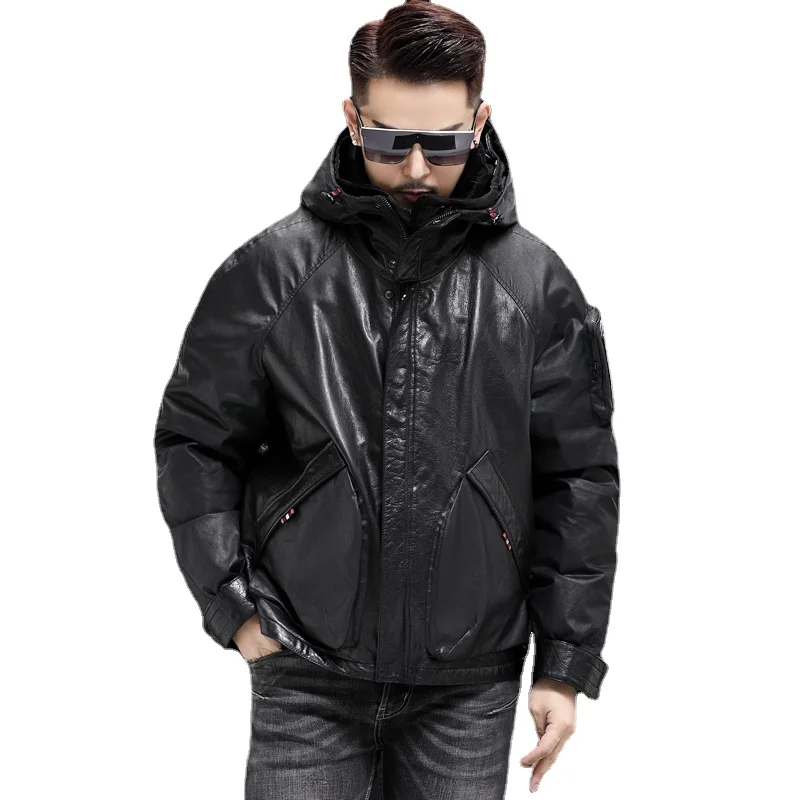 Winter Genuine Leather down Jacket Leather Coat Men's Cowhide Hooded Jacket Loose Mechanical Style Workwear Removable Liner Coat