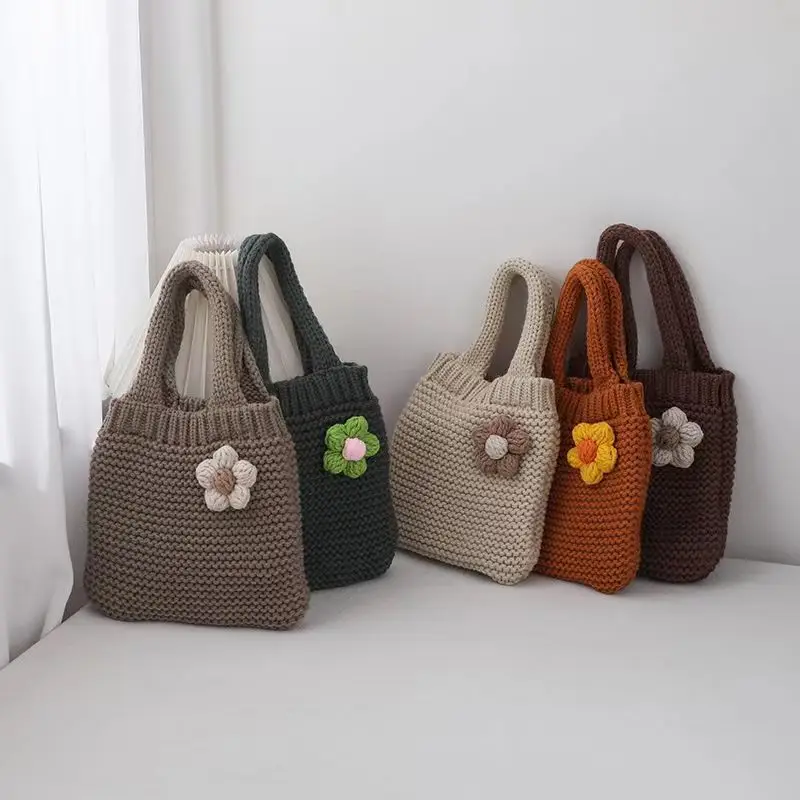 Kids Girls Cute Knitted Hand Bags Applique Solid Hand Bags Cute Photograph Prop Japanese Korean Style Kids Shoulder Bags 4