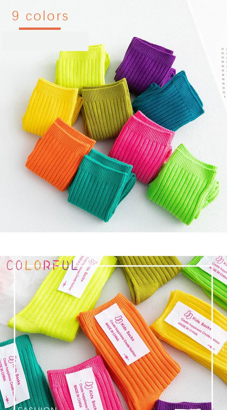 3 Paar Frühlings- und Sommersocken für Jungen, einfarbig, fluoreszierend, mittellang, Neo-Farben, Socken für Mädchen, weiche Baumwolle, Studentensocken, Bonbonfarben – Detail 2