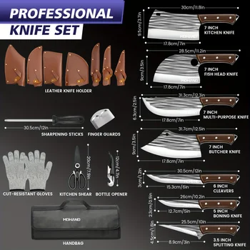 KEPEAK 14pcs Butcher Chef Knife Set with Roll Bag Knives for Meat 1