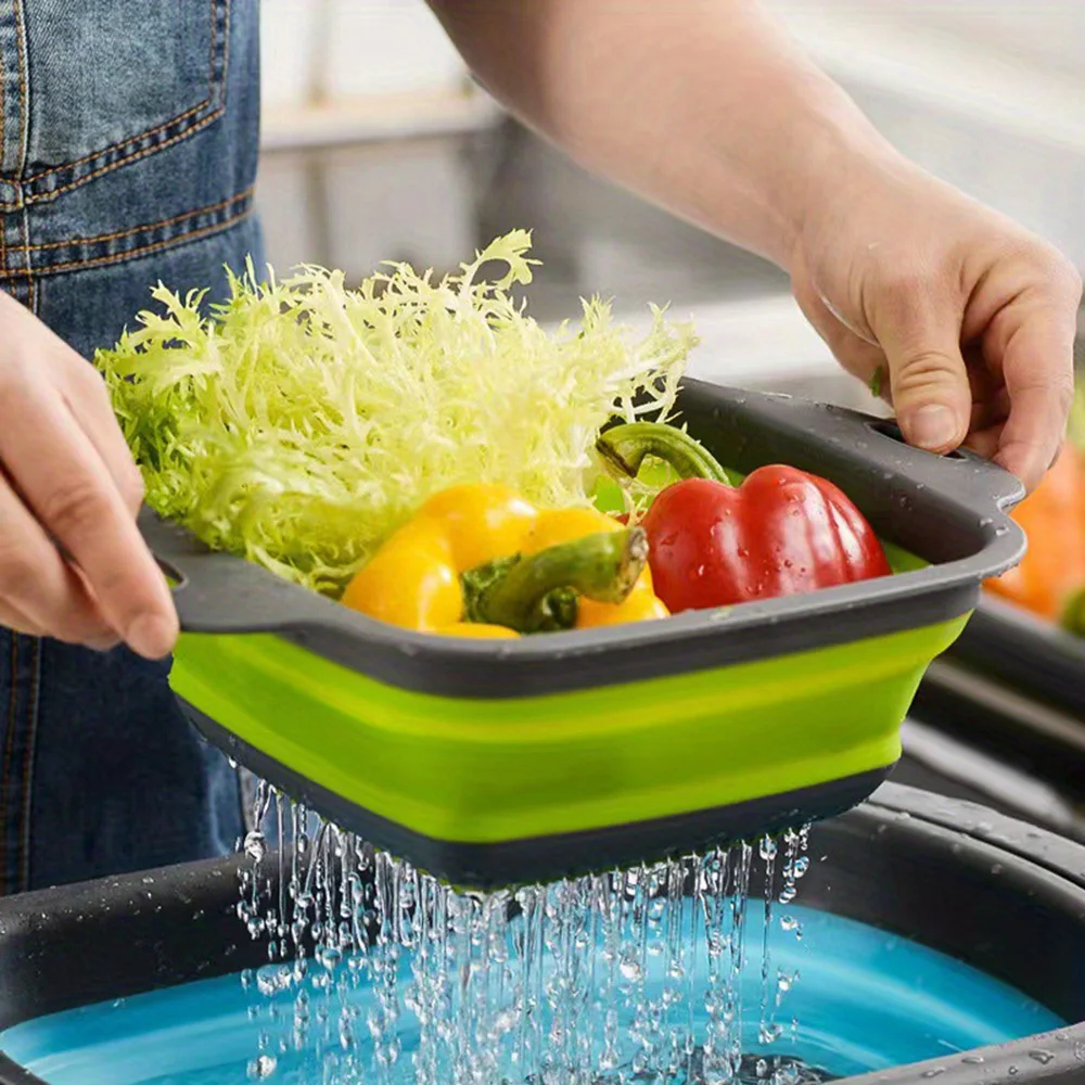 

Folding Silicone Drain Basket Square Vegetable Kitchen Washing Drain Basket Collapsible Kitchen Strainer Fruit Cleaning Basin