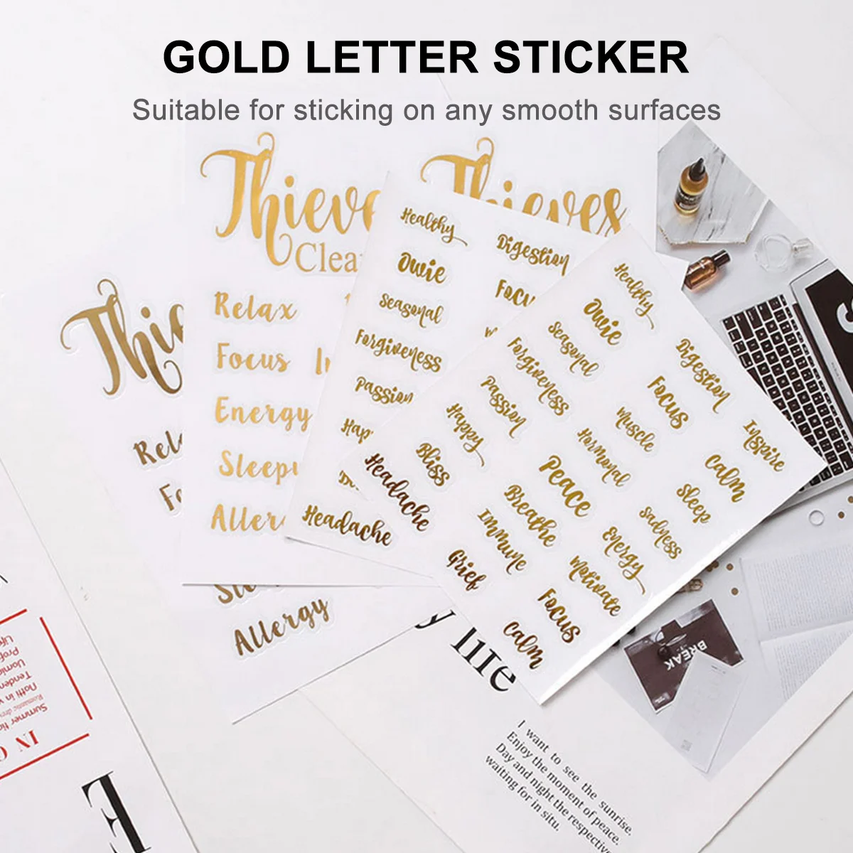 цена Paper Gold Letter Pain Wellness Happy Peace Label Sticker Essential Oil Bottle Tags Decorative Sticker DIY Handmade Sticker