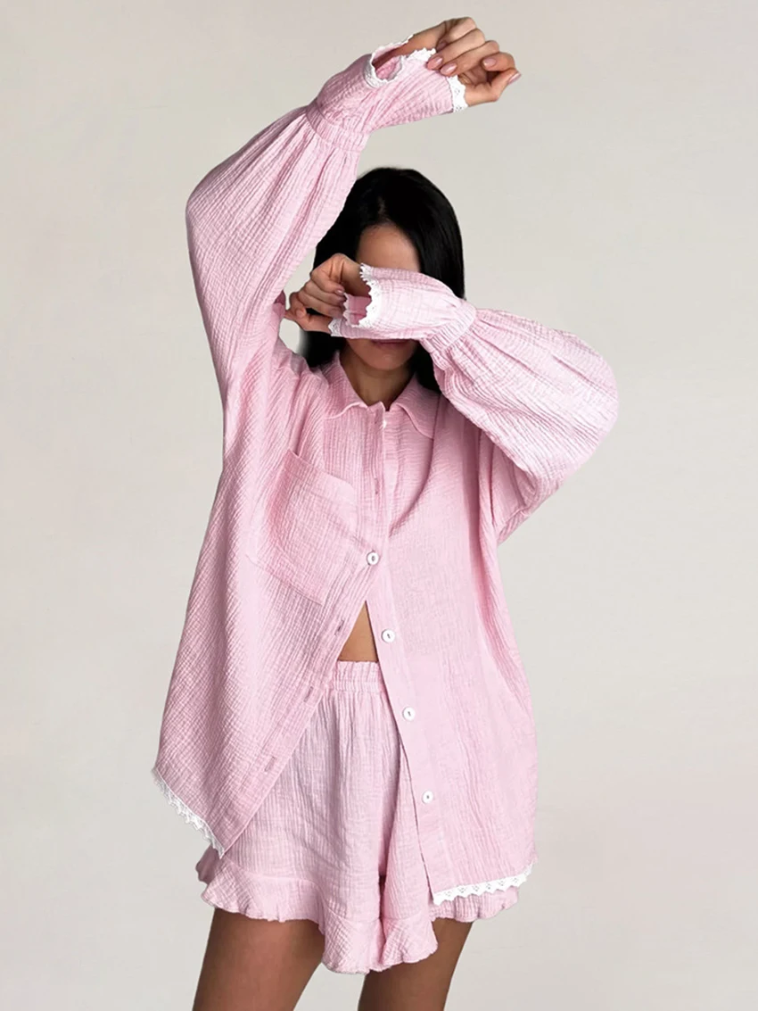 Marthaqiqi Cotton Women'S Sleepwear Set Long Sleeve Nightwear Turn-Down Collar Pajamas Shorts Casual Ladies Nightie 2 Piece Suit