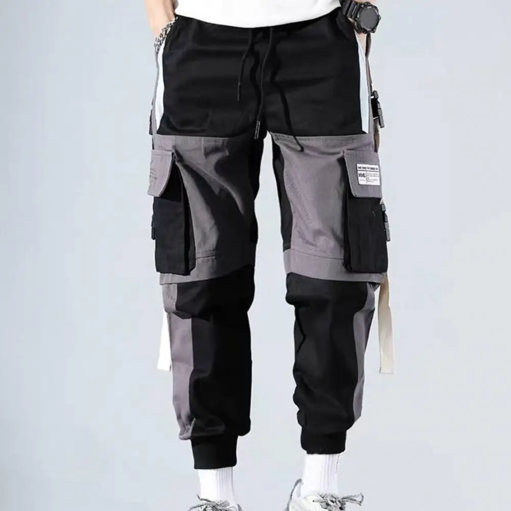 

Men Cargo Pants Color Matching Multi Pockets Loose Thick Warm Deep Crotch Waist Buckle Decor Ankle-banded Hip Hop Ninth Pants