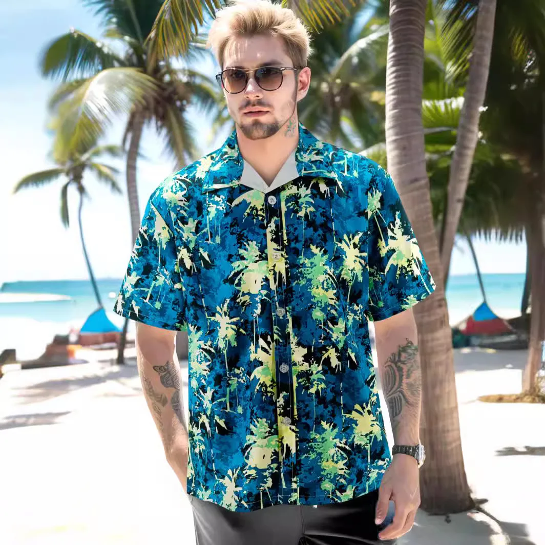 Coconut Tree Print New Hawaiian Flower Men Shirt Sunshine Handsome Loose Beach Vacation Short Sleeved Shirt EU Size